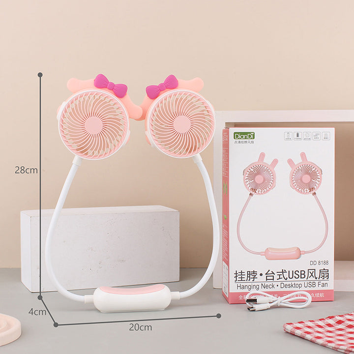 Unisex portable double-neck fan with flexible gooseneck, rechargeable battery and quiet motor Kalsten