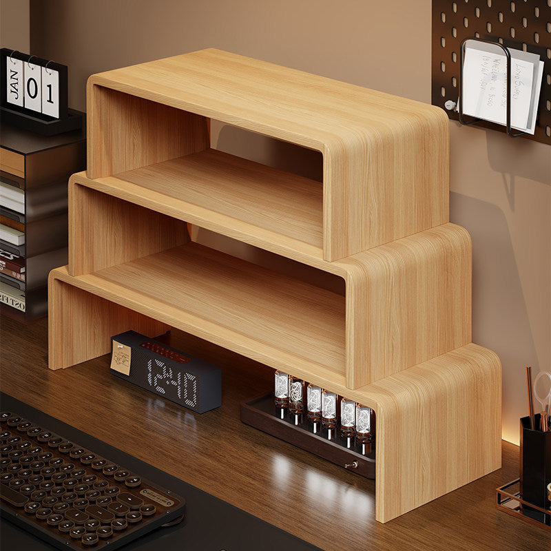 Low-Profile Curved Desktop Monitor Platform with Integrated Under-Shelf Organizer and Ambient Backlight