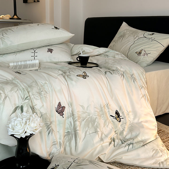 Bedding set with embroidered butterflies and delicate bamboo print
