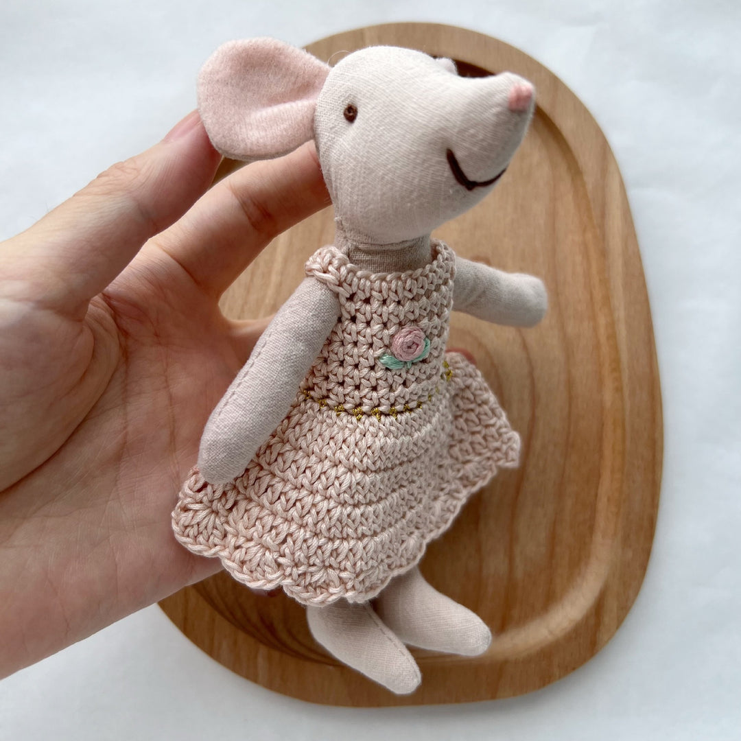 Handcrafted Linen Cotton Mouse Doll with Crochet Dress and Embroidered Flower