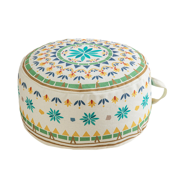 Round seat pouf with woven cotton cover and ethnic mandala print Kalsten