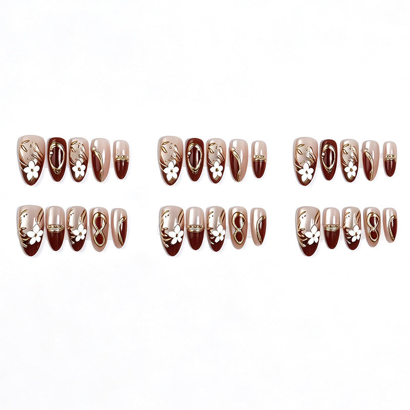 Artistic Press-On Nail Set with Floral and Metallic Accents kalsten