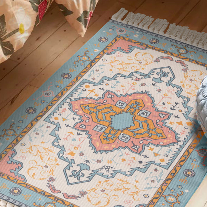 Woven oriental carpet runner with fringes and intricate medallion pattern Kalsten