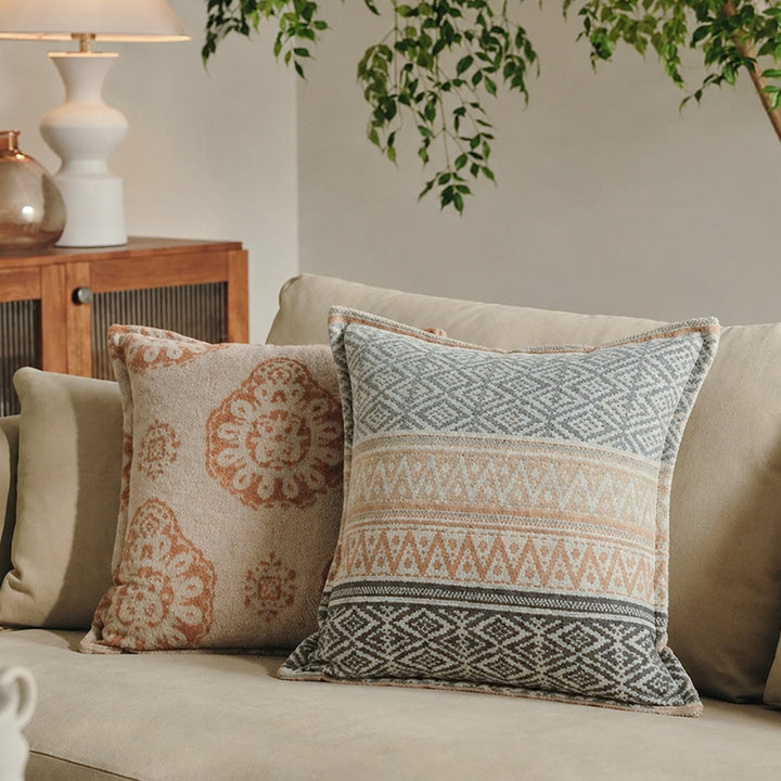 Square decorative sofa cushion with jacquard-woven ornament and soft bouclé surface Kalsten