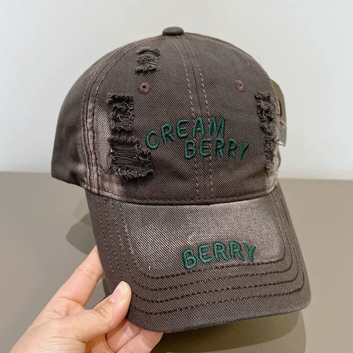 Distressed Denim Baseball Cap with Unique Embroidery