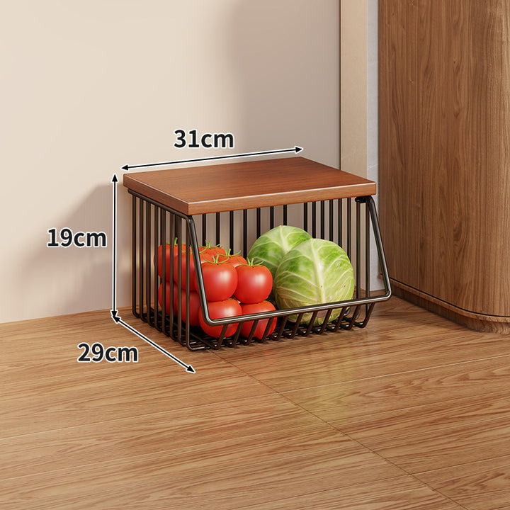 Compact Triple-Tier Rolling Wire Vegetable and Fruit Storage Cart with Wooden Top