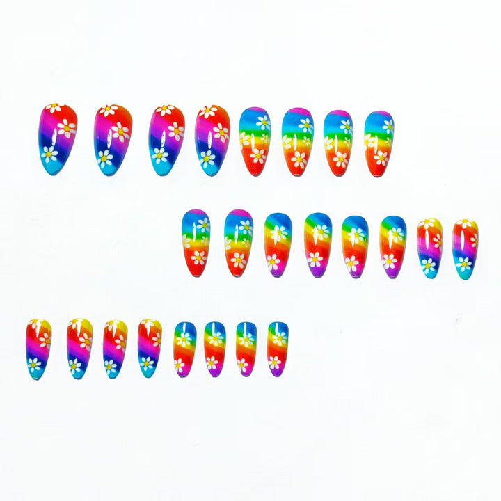 Creative Nail Art with Colorful Rainbow Design and Playful Flower Motifs Kalsten