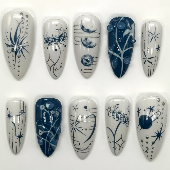 Artistic Long Stiletto Press-On Nails with Decorative Accents Kalsten