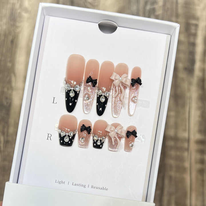 Glamorous Stiletto Press-On Nail Set with Decorative Bow and Gemstone Accents Kalsten