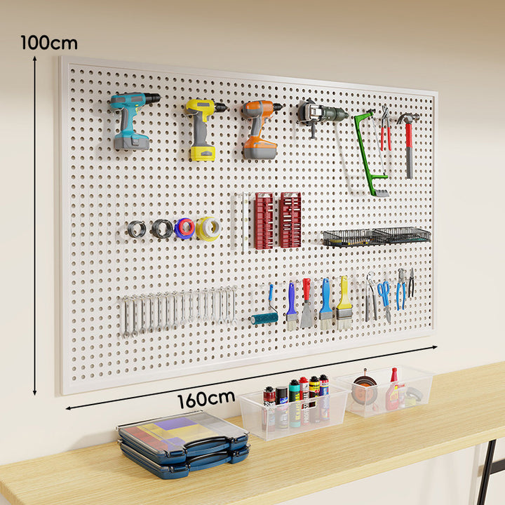 Wall-Mounted Perforated Metal Tool Pegboard Organizer Panel with Modular Hooks and Wire Baskets