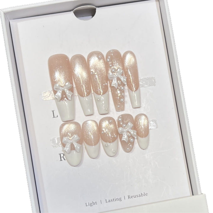Decorative Long Press-On Nail Set with Bow and Pearl Accents Kalsten