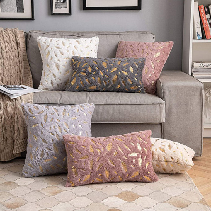 Square Plush Decorative Cushion with Metallic Feather Accent and Removable Cover