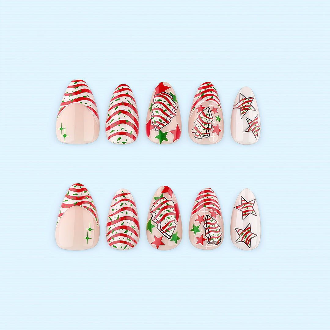 Artificial nails in festive Christmas design with colorful accents Kalsten