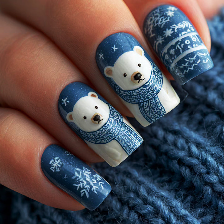 Winter art nails with bear and snowflake design Kalsten