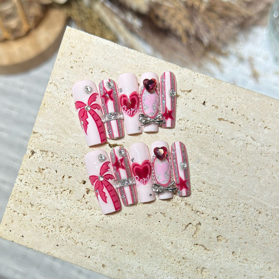 Artistic Press-On Nail Set with Playful Heart and Palm Designs Kalsten