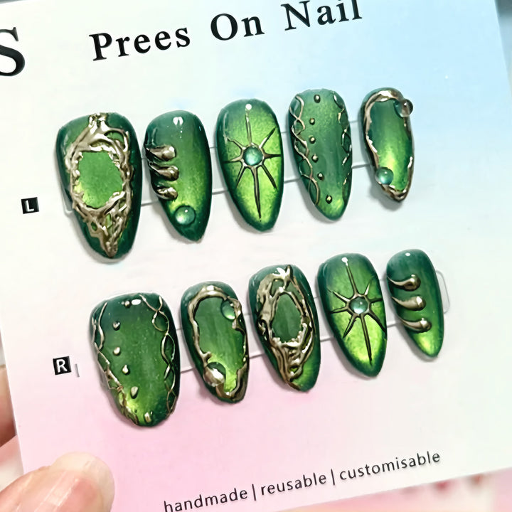 Artistic Press-On Nail Art Set with Geometric Metal Accents Kalsten