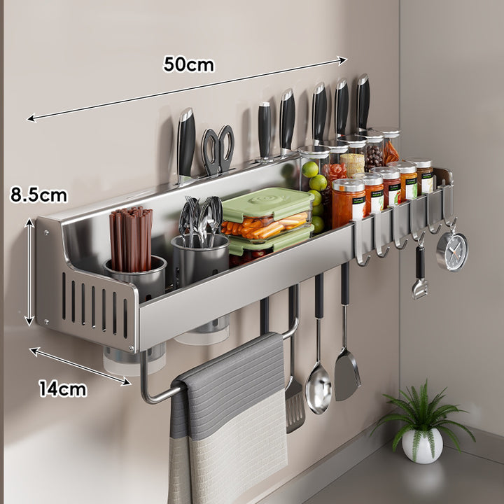 Wall-Mounted Stainless Steel Kitchen Rail with Knife Slots Spice Jar Shelf Multi-Hook Towel Bar
