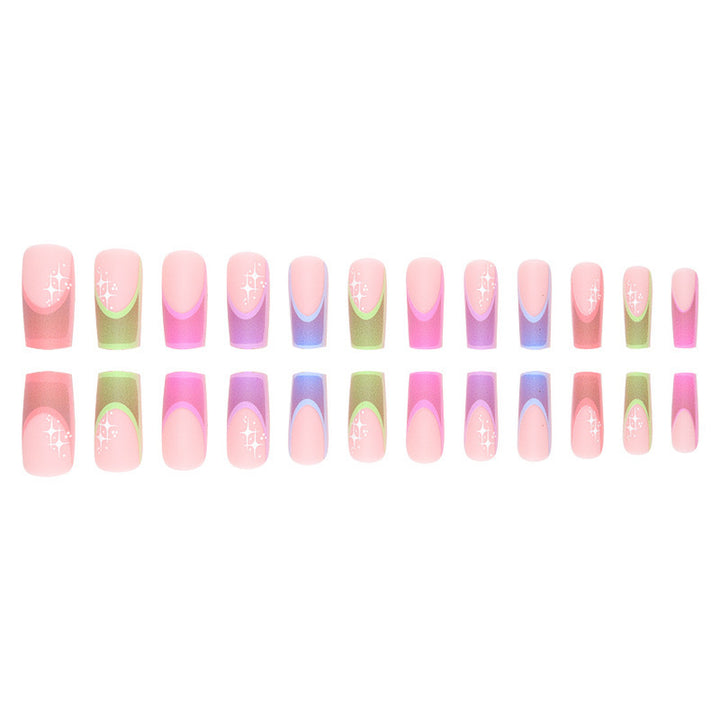 Acrylic nail set with colorful geometric designs and glitter accents Kalsten