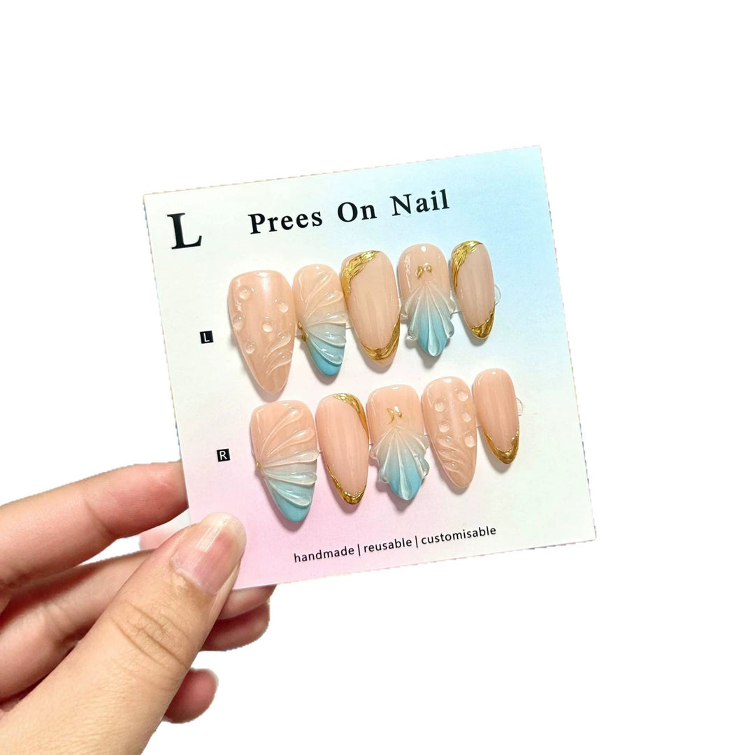 Artistic Press-On Nail Set with Shell Motifs
