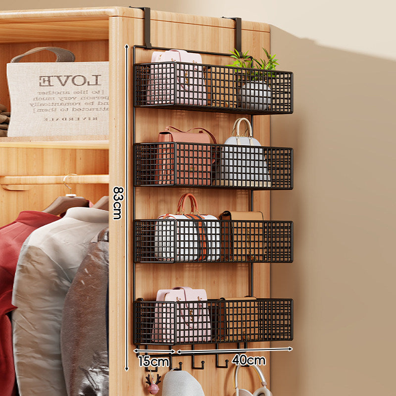 Over-the-Door Metal Grid Hanging Organizer with Four Stackable Baskets and Hooks