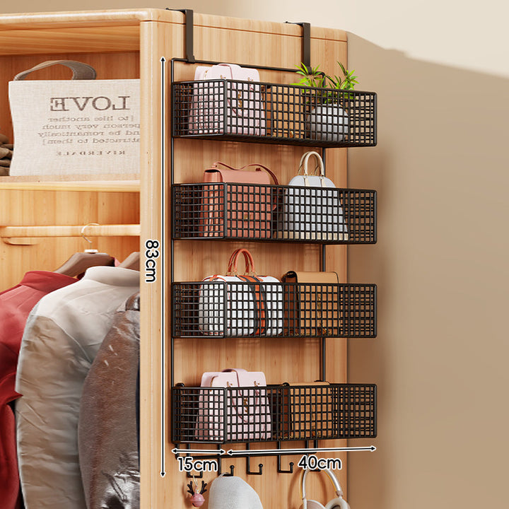 Over-the-Door Metal Grid Hanging Organizer with Four Stackable Baskets and Hooks