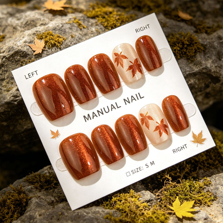 Manual Press-On Nail Set with Autumn Leaf Design
