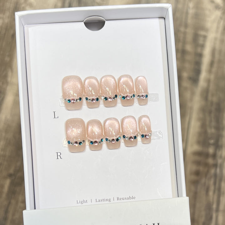 Elegant Reusable Press-On Nail Set with Rhinestone Accents Kalsten