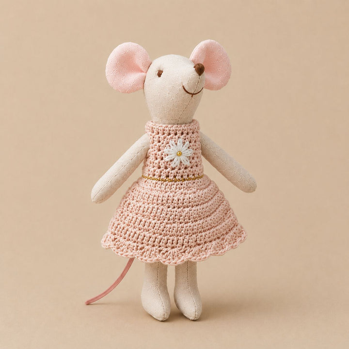 Handcrafted Linen Cotton Mouse Doll with Crochet Dress and Embroidered Flower