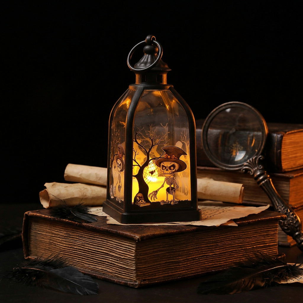 Halloween-Decorative lantern with LED imitation candle and skeleton glass inserts antique look