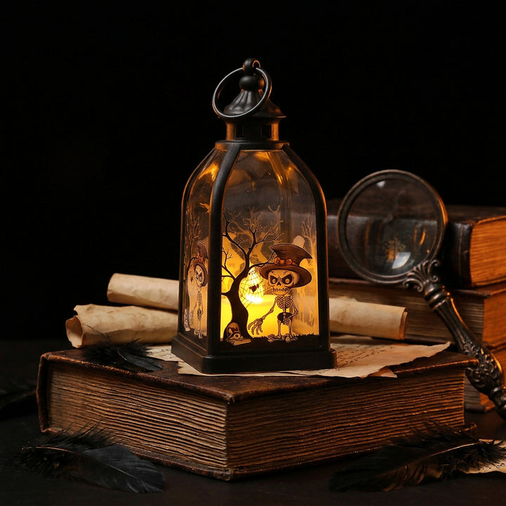 Halloween-Decorative lantern with LED imitation candle and skeleton glass inserts antique look