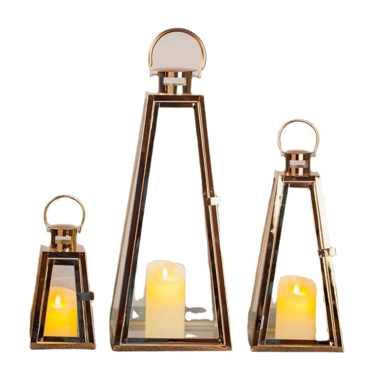 Modern Triangular Glass Candle Lantern Set with Gold Metal Frame Kalsten