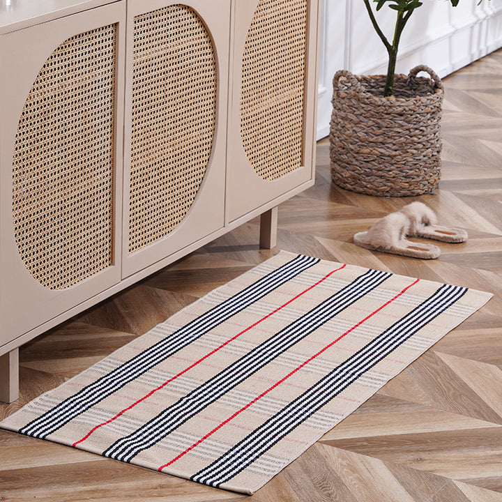 woven living room runner with fringes and geometric weave pattern