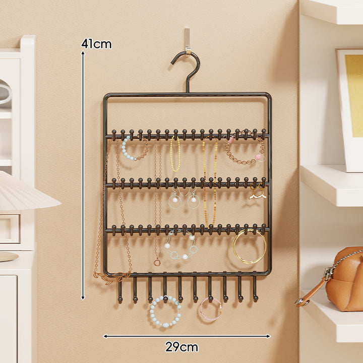 Wall-Mounted Multi-Tier Jewelry Organizer with Tiered Rods and Hanging Hooks