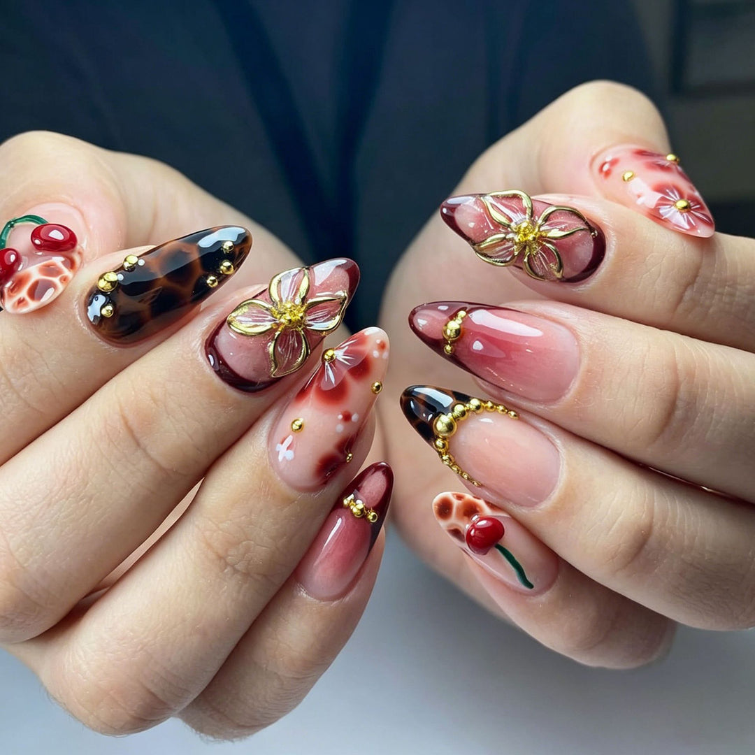 Artful nail tips with cheerful flower and cherry design Kalsten