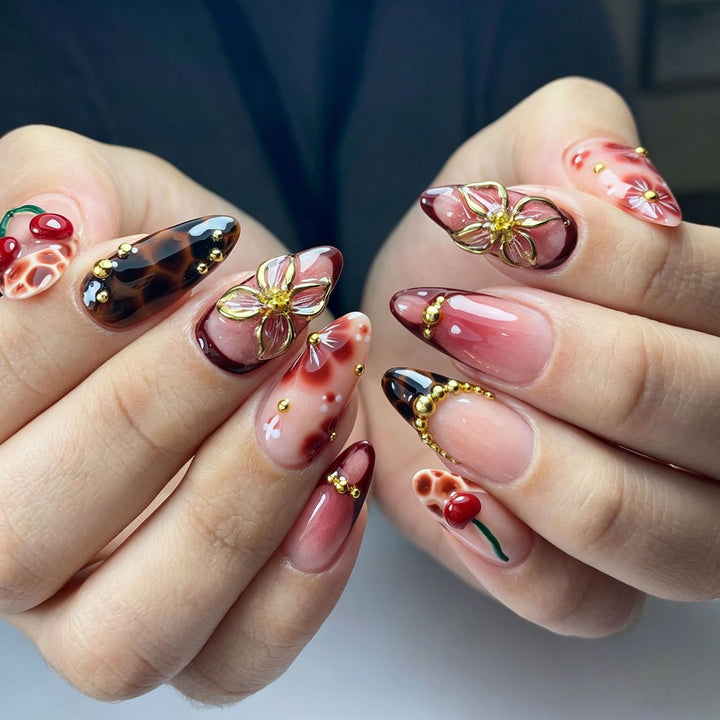 Artful nail tips with cheerful flower and cherry design Kalsten