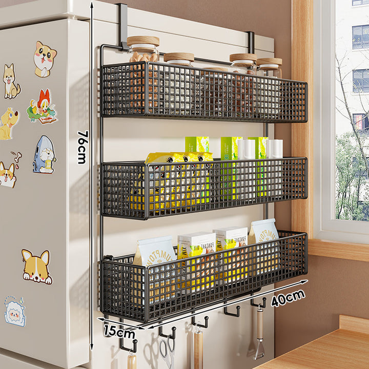 Over-Refrigerator Vertical Hanging Mesh Storage Rack with Deep Baskets and Hook Rail