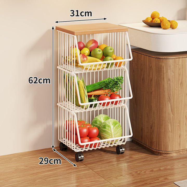 Compact Triple-Tier Rolling Wire Vegetable and Fruit Storage Cart with Wooden Top