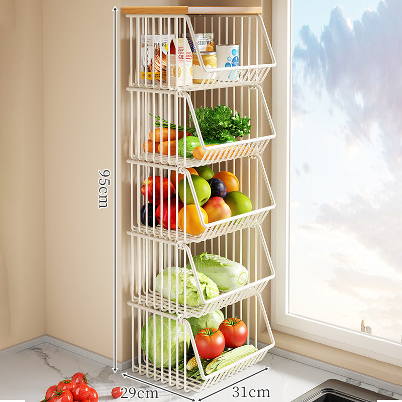 Countertop Wooden Top Metal Wire Fruit and Vegetable Storage Rack