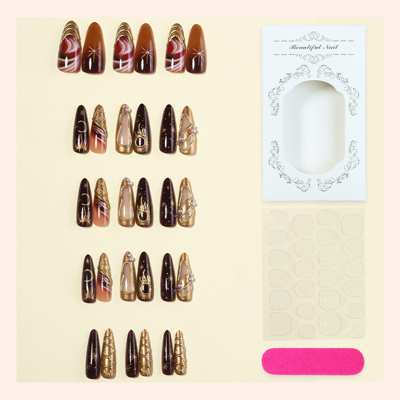 Decorative Press-On Nail Art Set with Glamorous Gold Accents kalsten