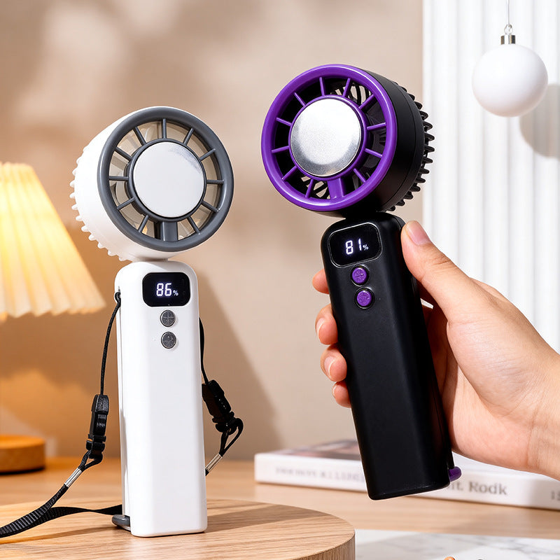 Cooling compact rechargeable handheld mini fan with digital speed indicator detachable lanyard foldable head Kalsten