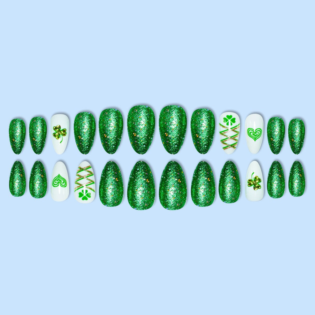 Glamorous Stiletto Press-On Nail Art with Glitter and Shamrock Design Kalsten