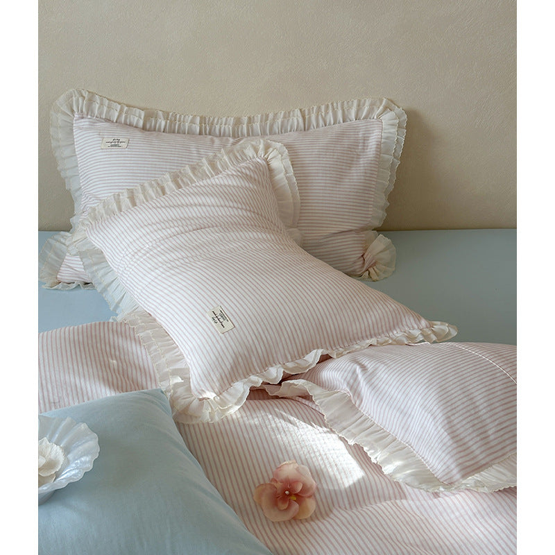 Bedding set made of cotton percale with a fine stripe pattern and gathered ruffle