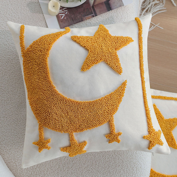 Square cushion cover with relief moon-and-star tufting made of chenille Kalsten