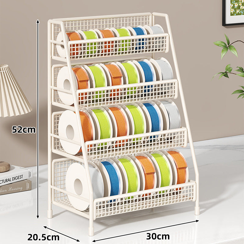 Angled Multi-Tier Spool and Tape Storage Rack with Wire Mesh Baskets