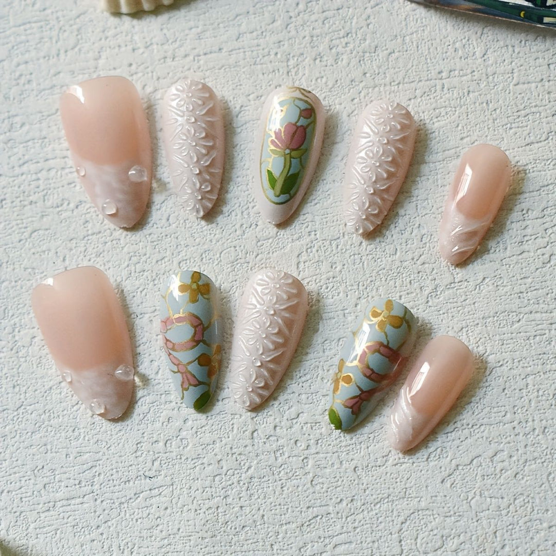 Artistic Floral and Gemstone Press-On Nail Set Kalsten