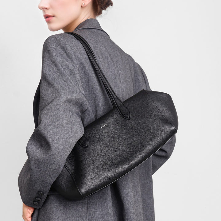 Structured Pebbled Leather Shoulder Tote with Extended Double Handles