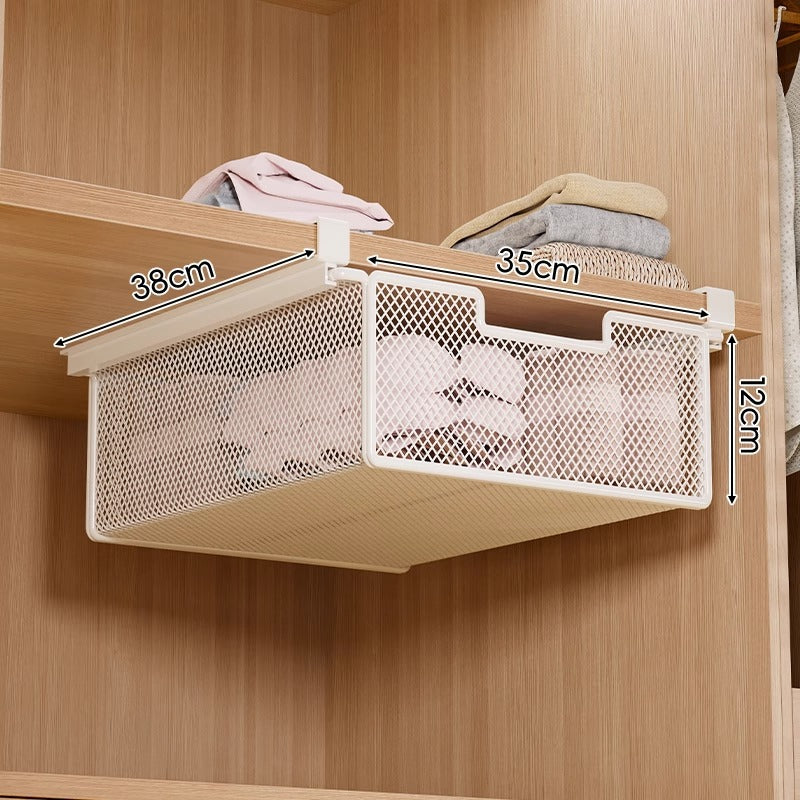 Under-Shelf Pull-Out Metal Mesh Closet Basket Organizer with Clamp Rail