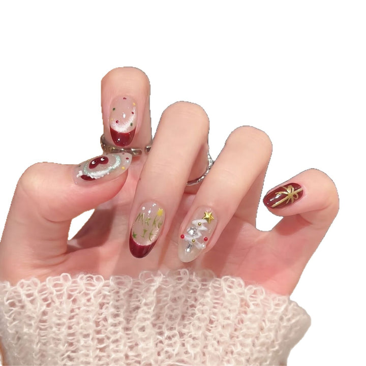 Festive Press-On Nail Art Set with Holiday Designs Kalsten