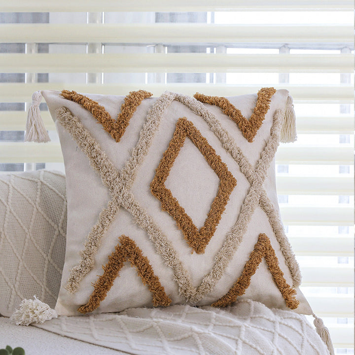 Square cushion cover made of cotton-linen with raised diamond tufting and corner tassels Kalsten