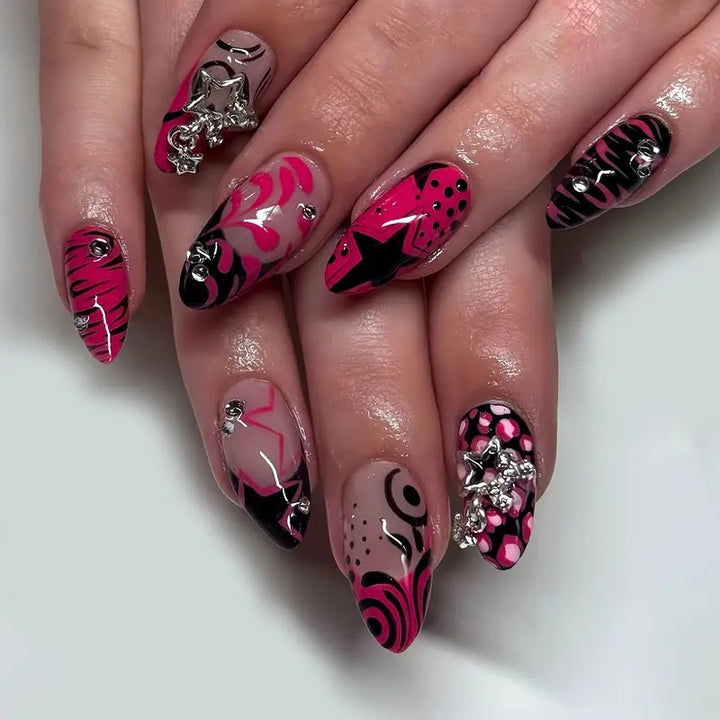 Decorative Stiletto Press-On Nail Art with Floral Accents Kalsten
